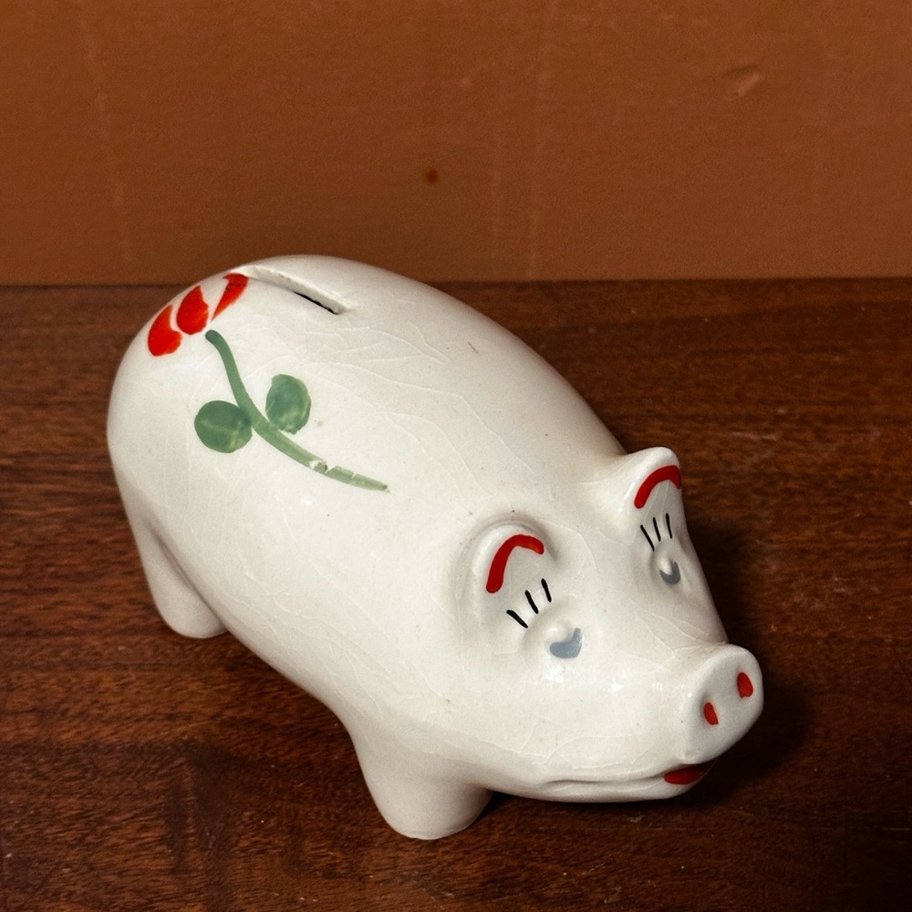 Vintage Ceramic Pig Piggy Bank with Red Flower
